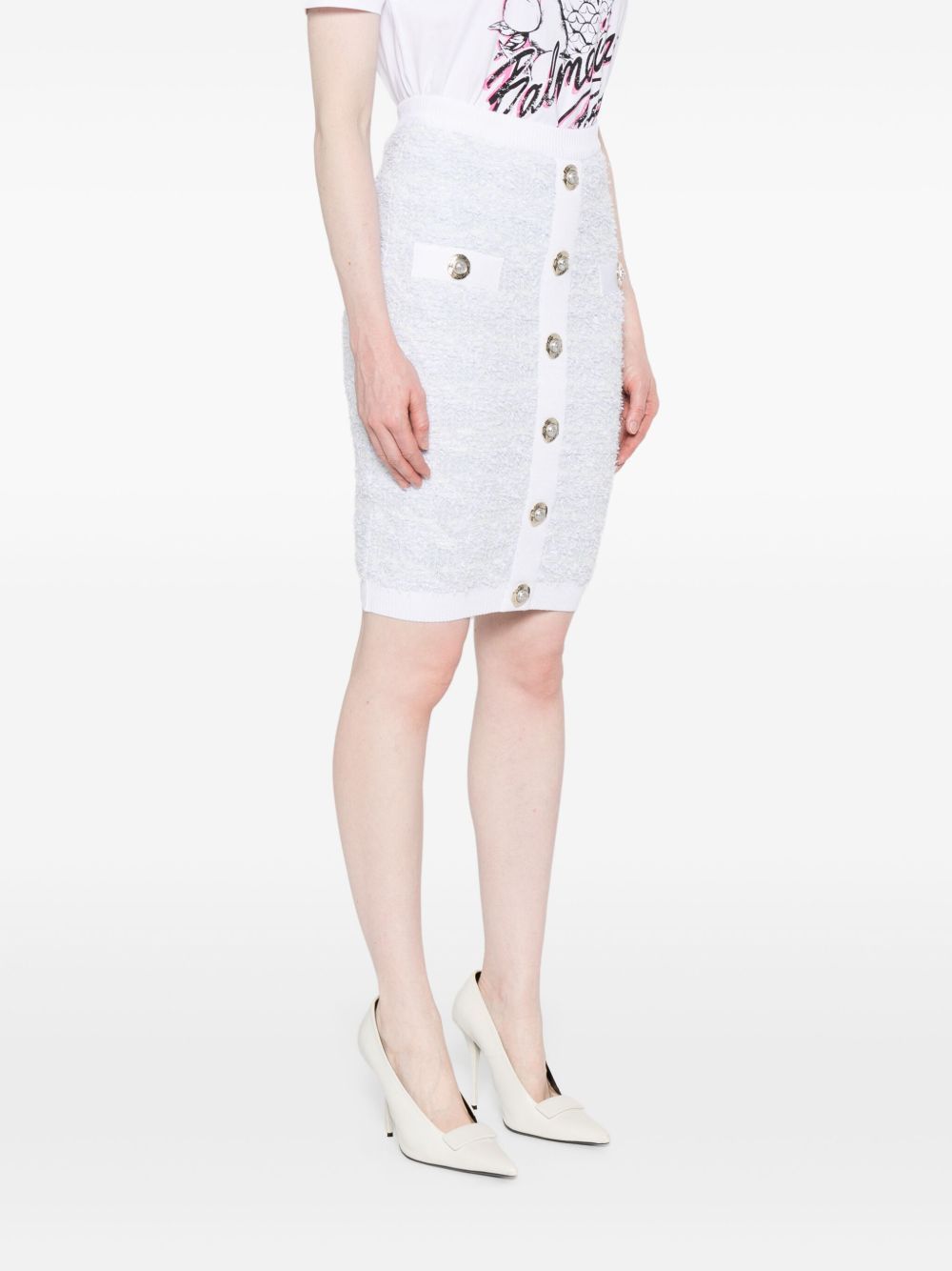 Balmain High-waisted Textured Skirt Button Detailing In Blue
