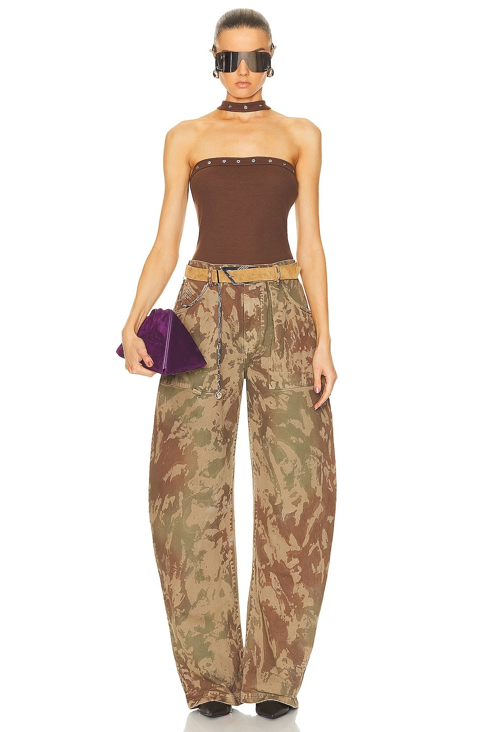 Attico Knit Halterneck Top With Studded Tie Detail In Brown