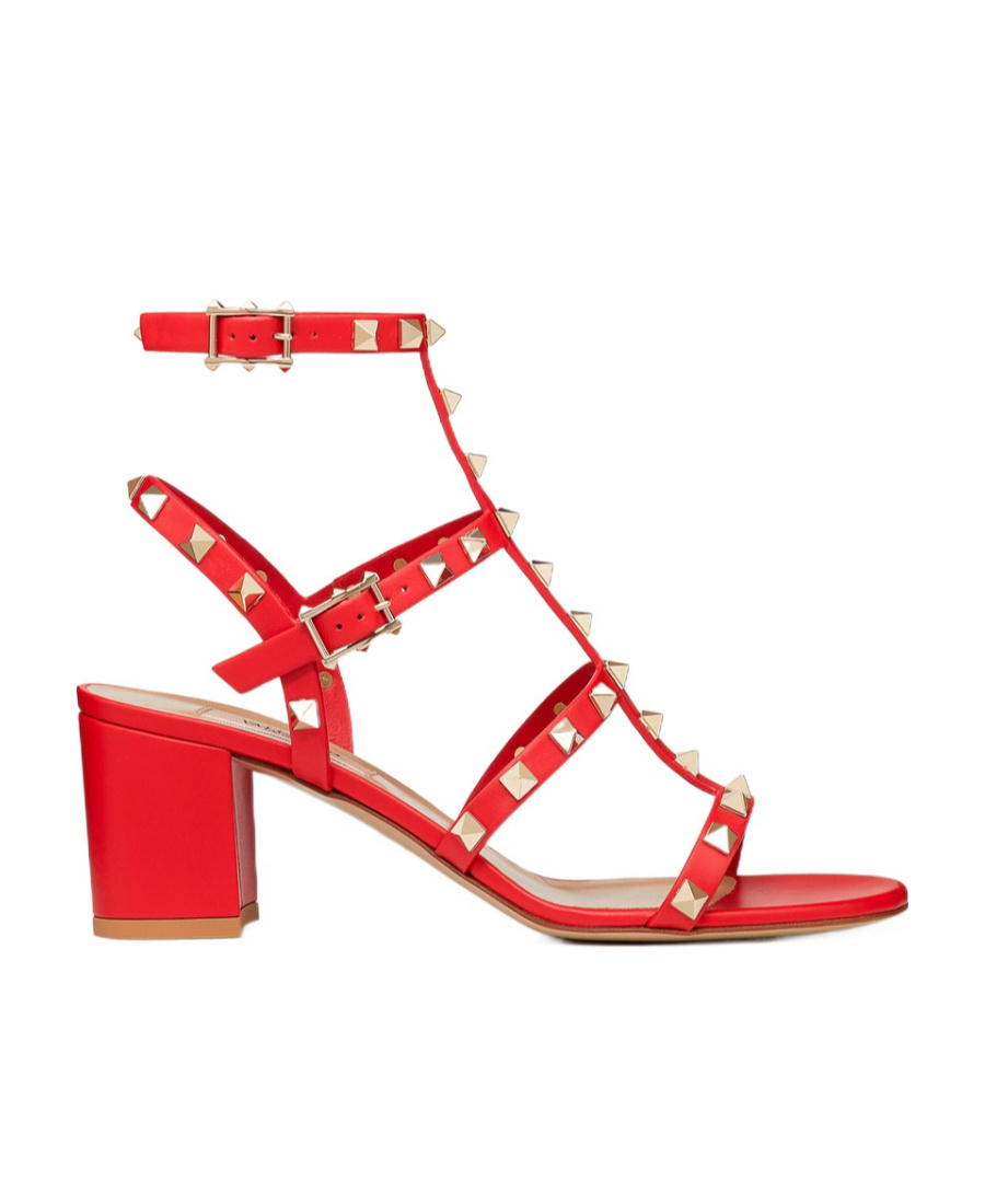Valentino Garavani Red Leather Rockstud Sandal With Pyramid Studs And Block Heel In Red
