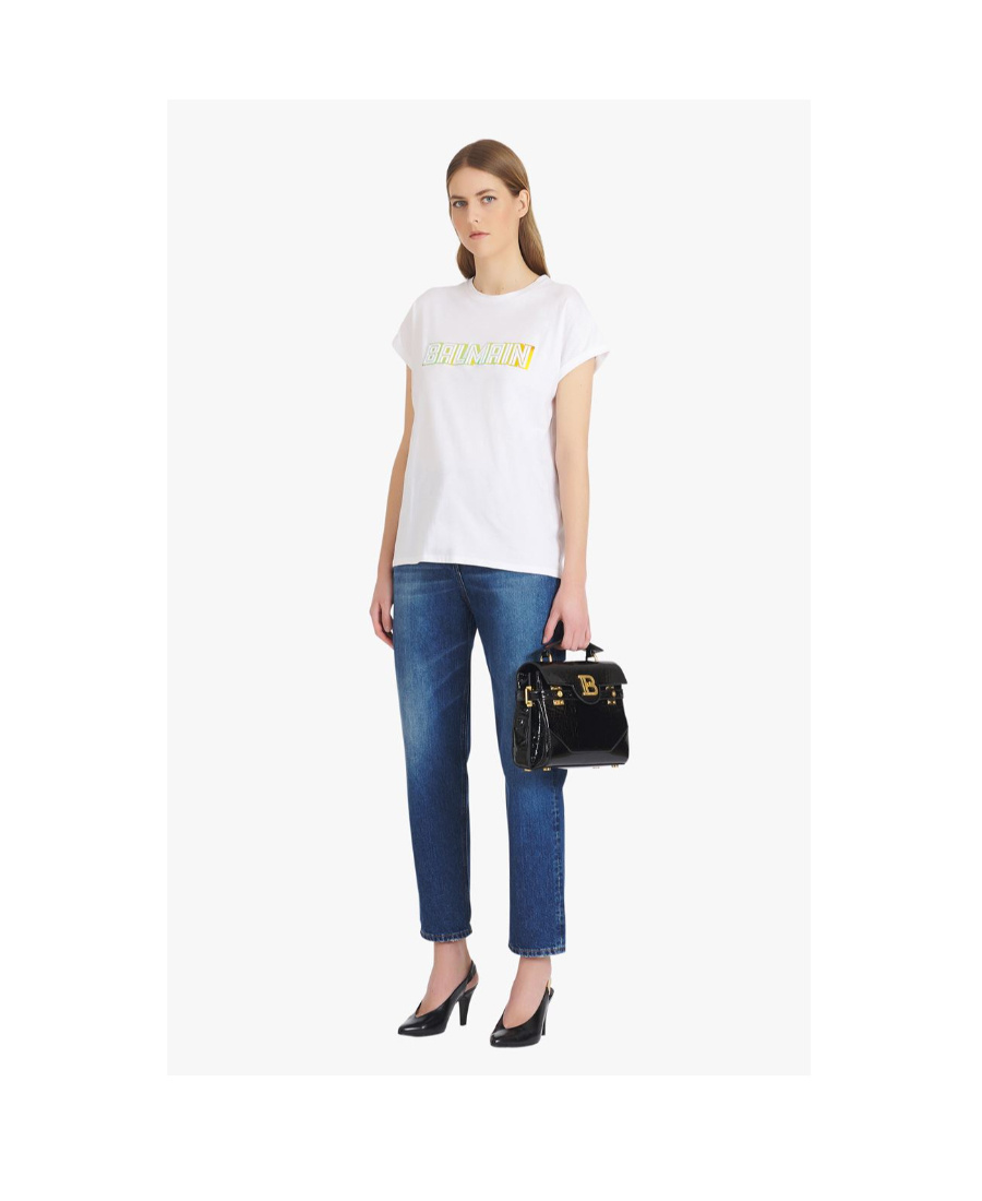 BALMAIN WHITE COTTON T-SHIRT WITH GOLD BALMAIN LOGO