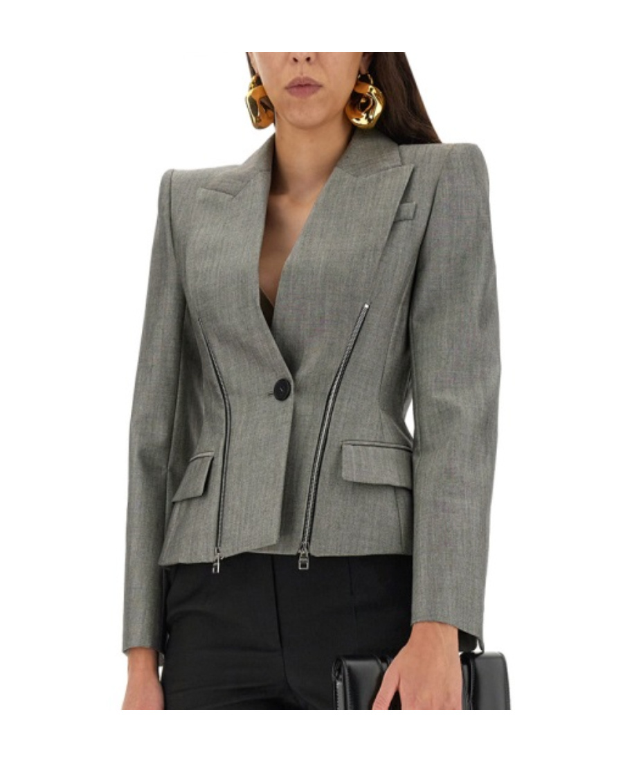 Alexander Mcqueen Zip-detailed Wool-blend Blazer In Gray