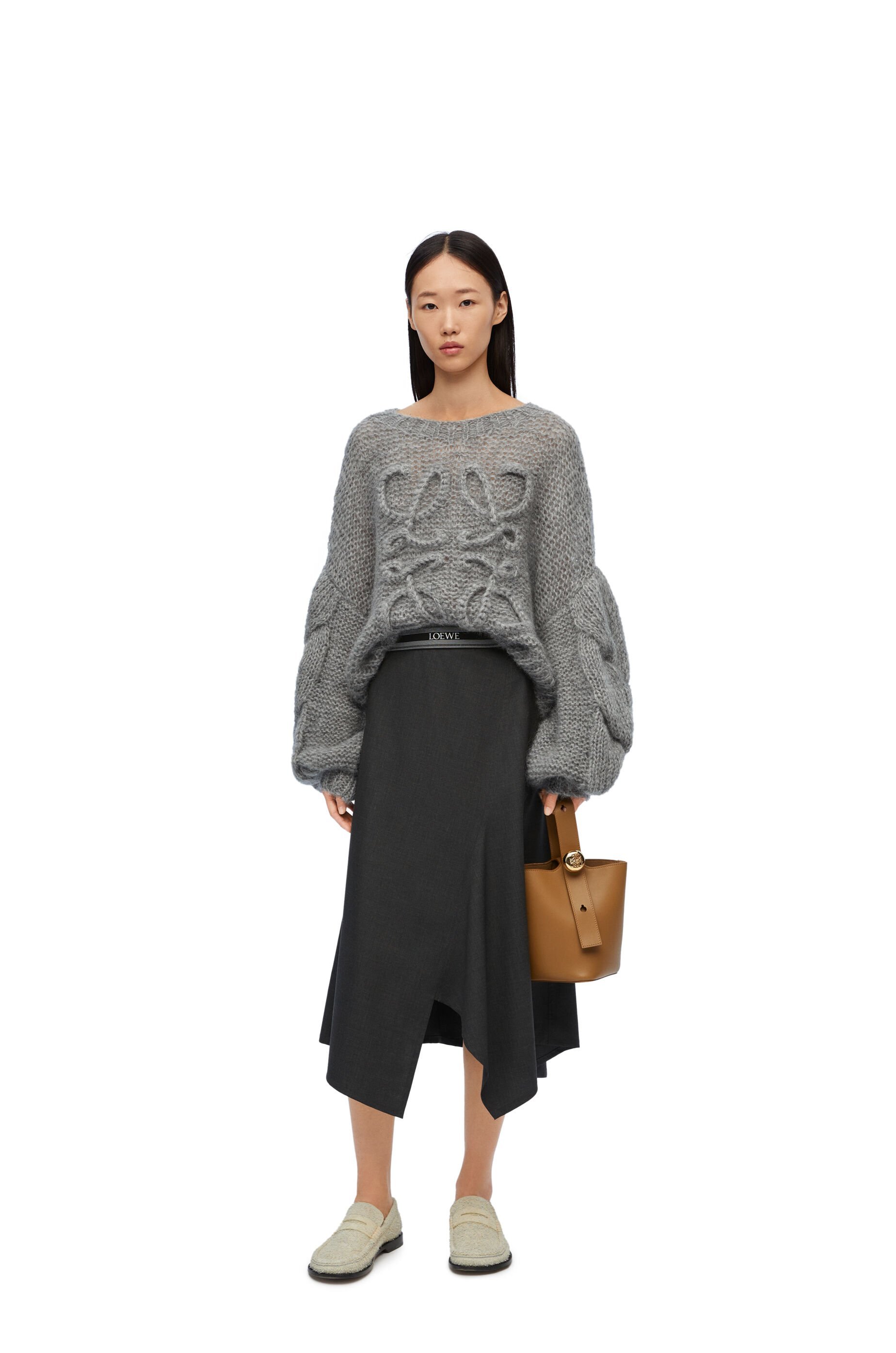 Loewe Logo-embroidered Open-knit Jumper In Gray