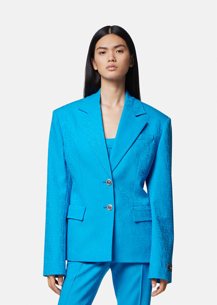 Versace Allover Virgin-wool Jacquard Blazer In Blue