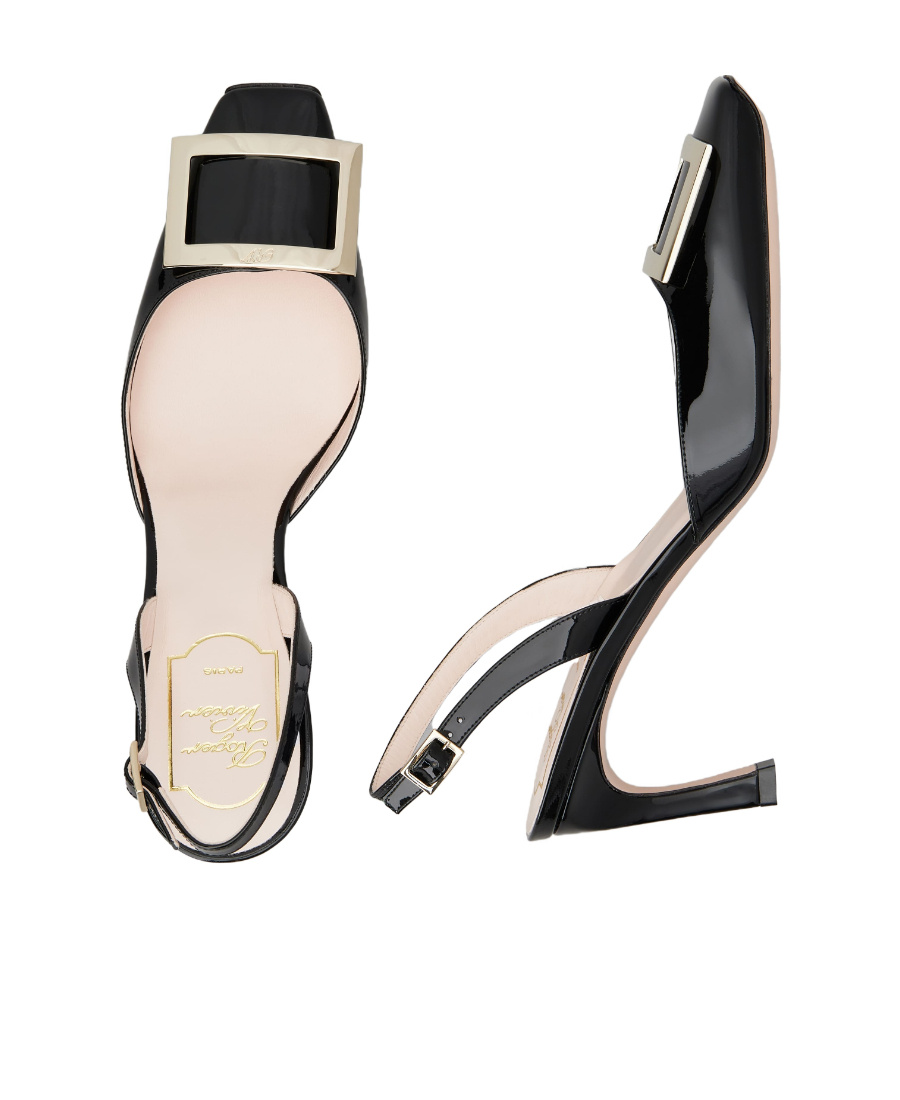 Roger Vivier Trompette Metal Buckle Slingback Pumps In Patent Leather In Black