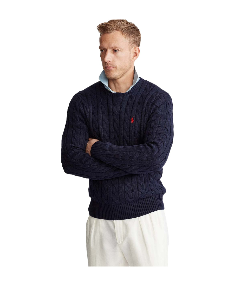 Polo Ralph Lauren Man Navy Blue Brided Cotton Sweater With Red Pony In Black