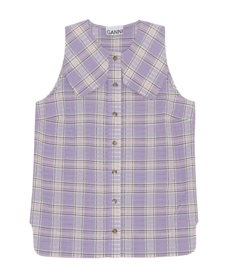 Ganni Seersucker Checked Sleeveless Button-front Shirt In Purple