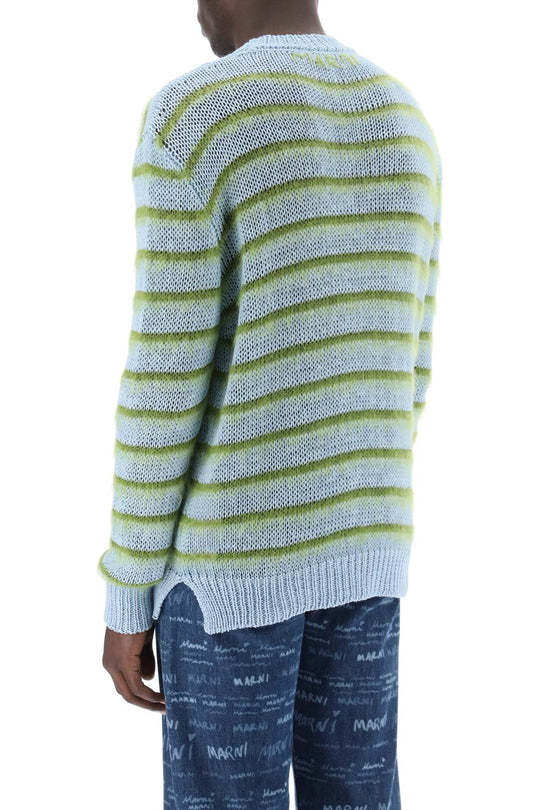 Shop Marni Striped Crewneck Jumper In Blue