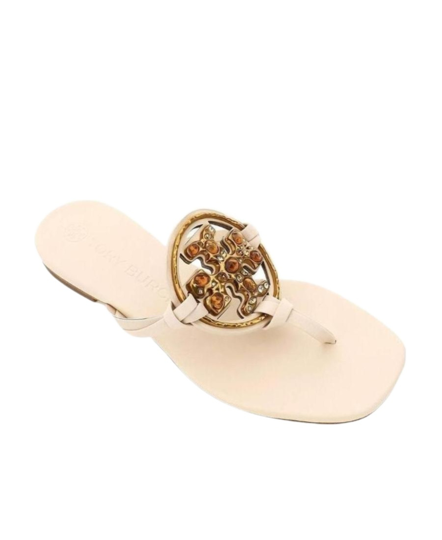 Tory Burch Logo-plaque Flat Sandals In Nude