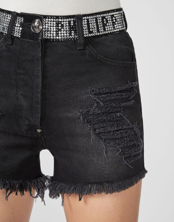 Shop Philipp Plein Black And Gray Logo Details Denim Shorts