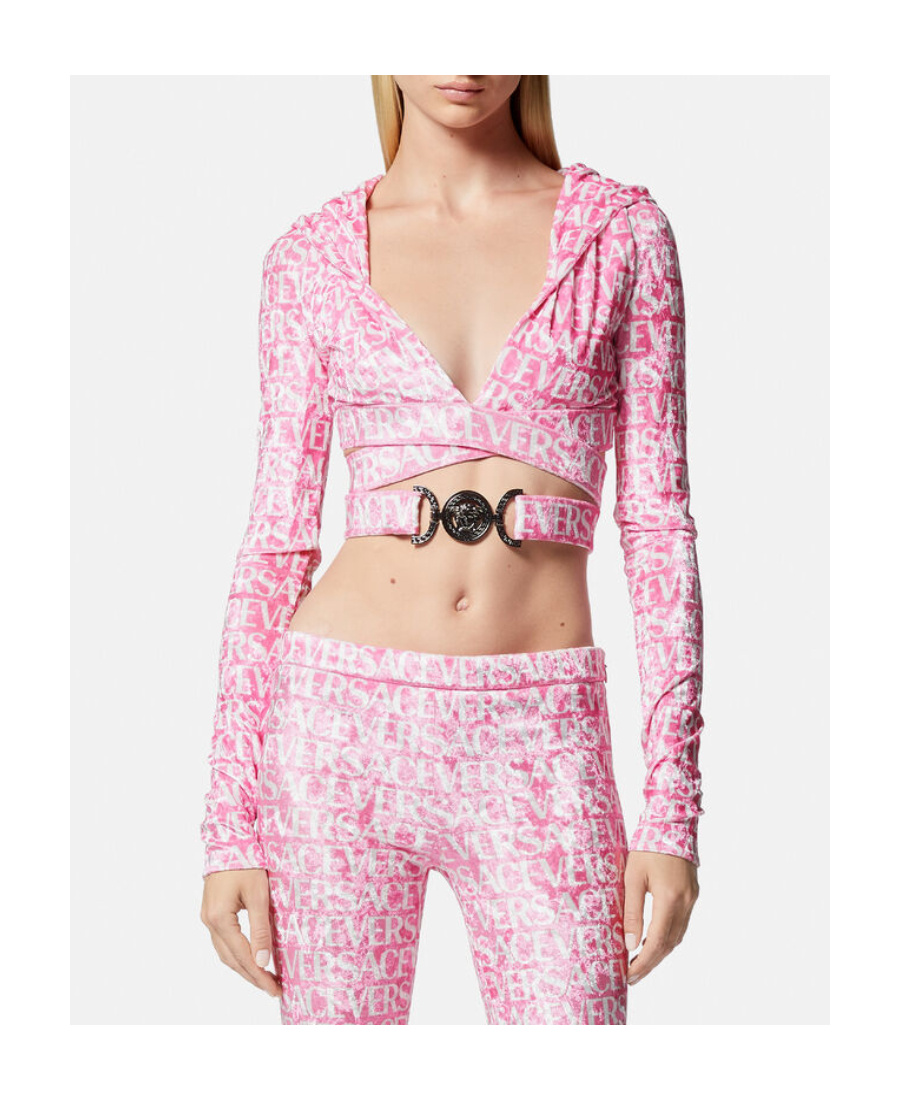 VERSACE VERSACE ALL-OVER VELVET CROPPED HOODIE