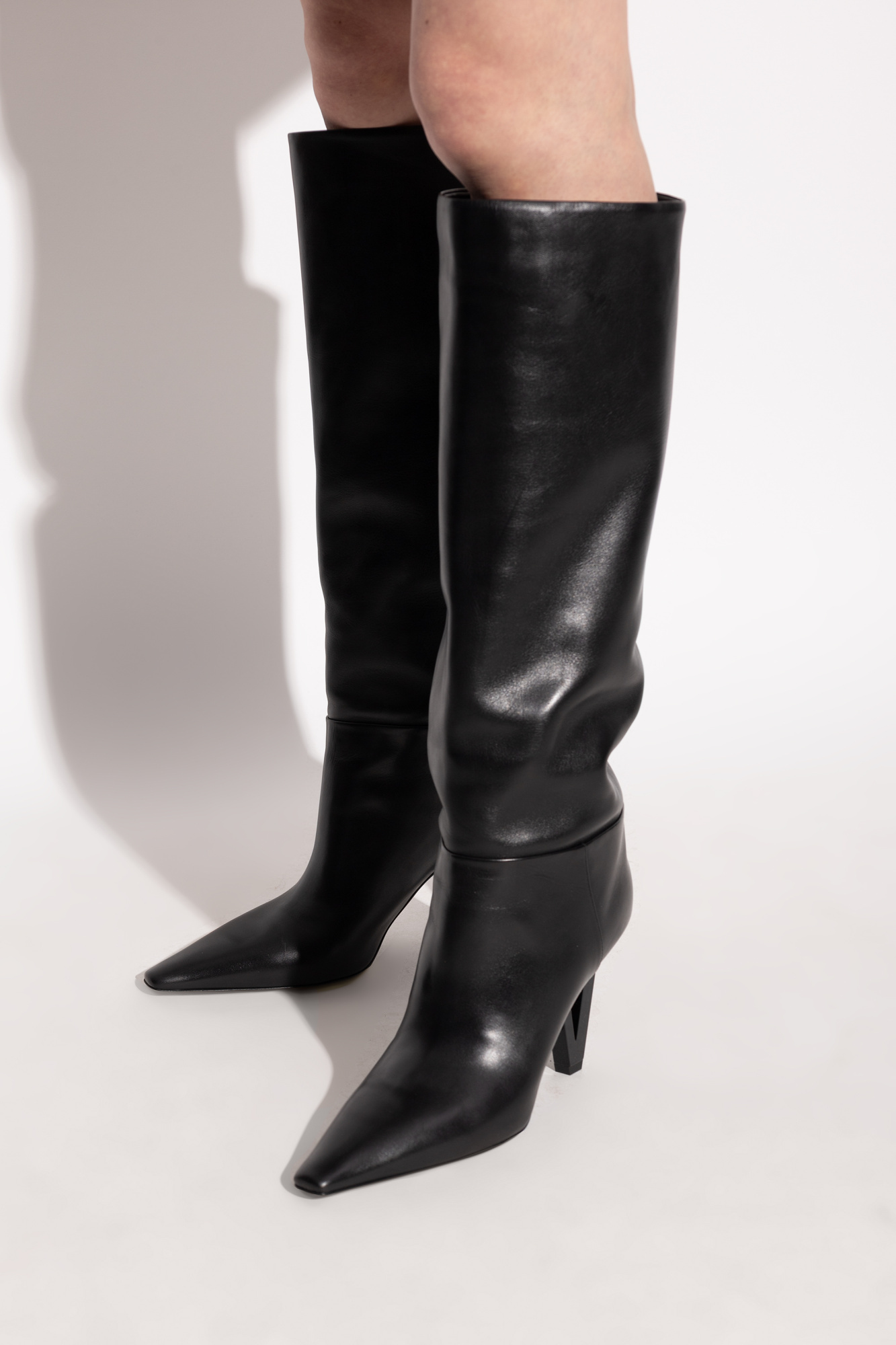 Versace Leather V-heel Knee-high Boots 85 In Black