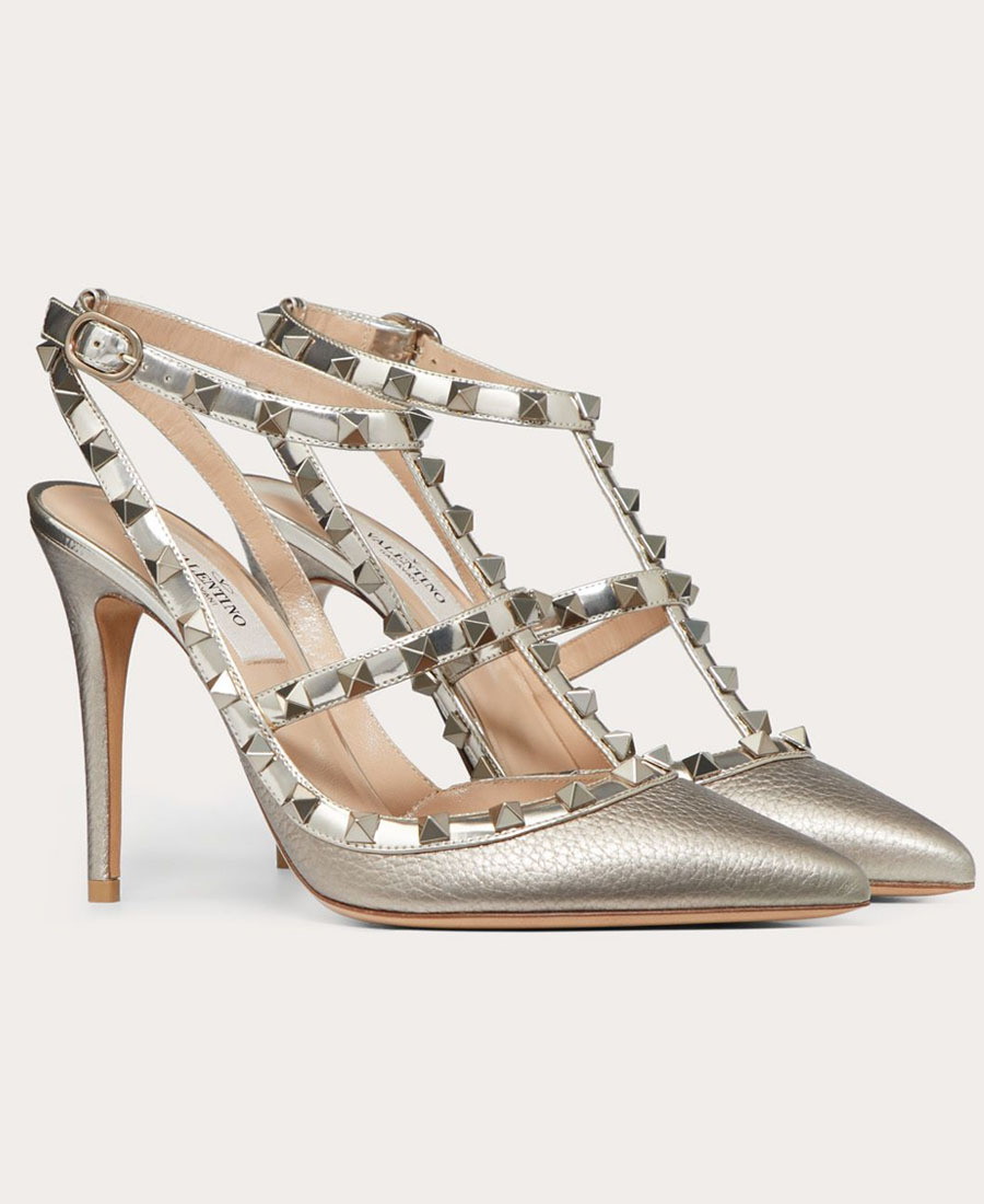 Shop Valentino Rockstud Metallic Ankle Strap Pump 100 Mm In Nude