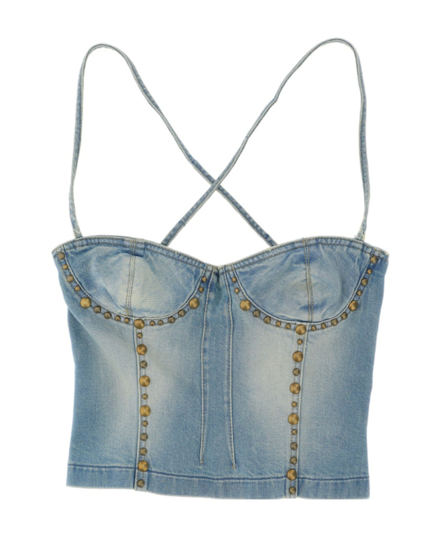 Shop Blumarine Stud-embellished Denim Corset Top In Blue