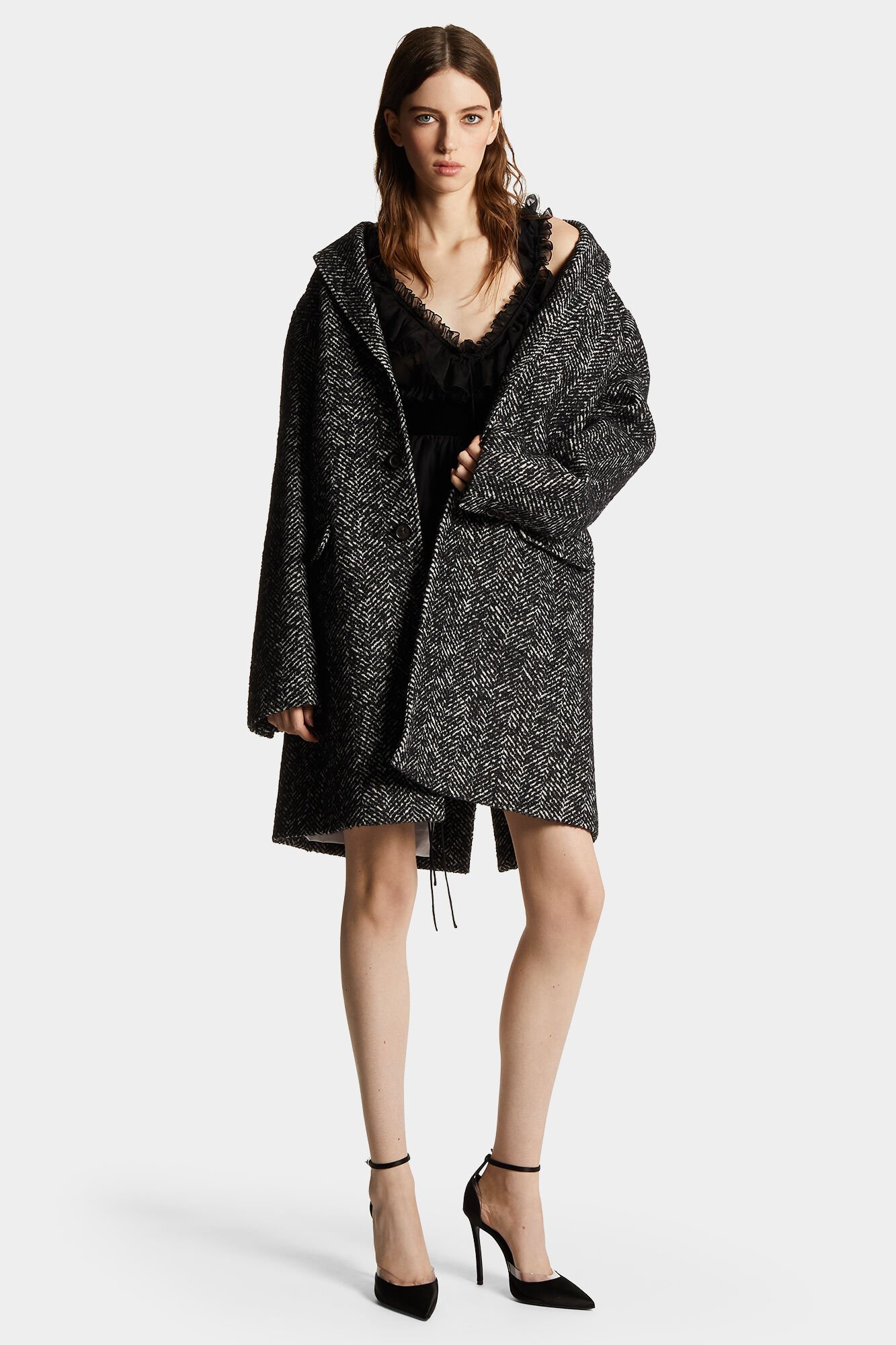 Dsquared2 Herringbone Wool Blend Coat In Black