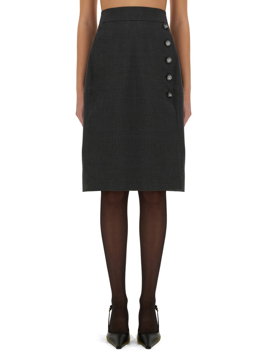 Dolce & Gabbana Woolen A-line Midi Skirt With Dg Buttons In Black
