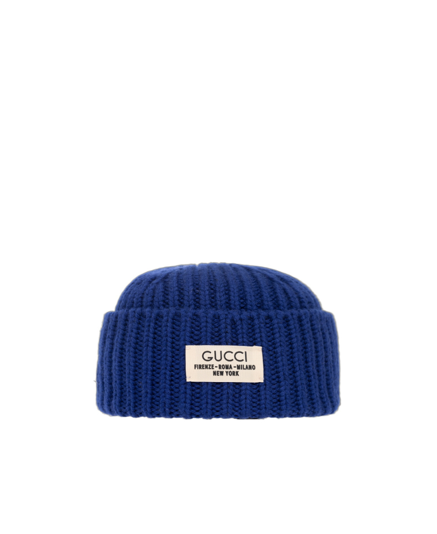 Gucci Logo-patch Ribbed Beanie In Blue