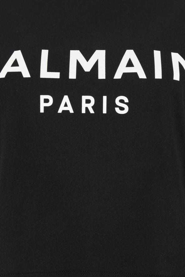 Shop Balmain Eco-responsible Cropped Cotton T-shirt With Logo Print In Black