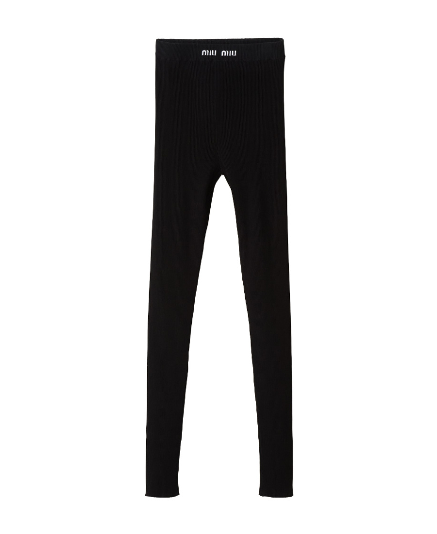 Miu Miu Logo-band Ribbed Leggings In Black