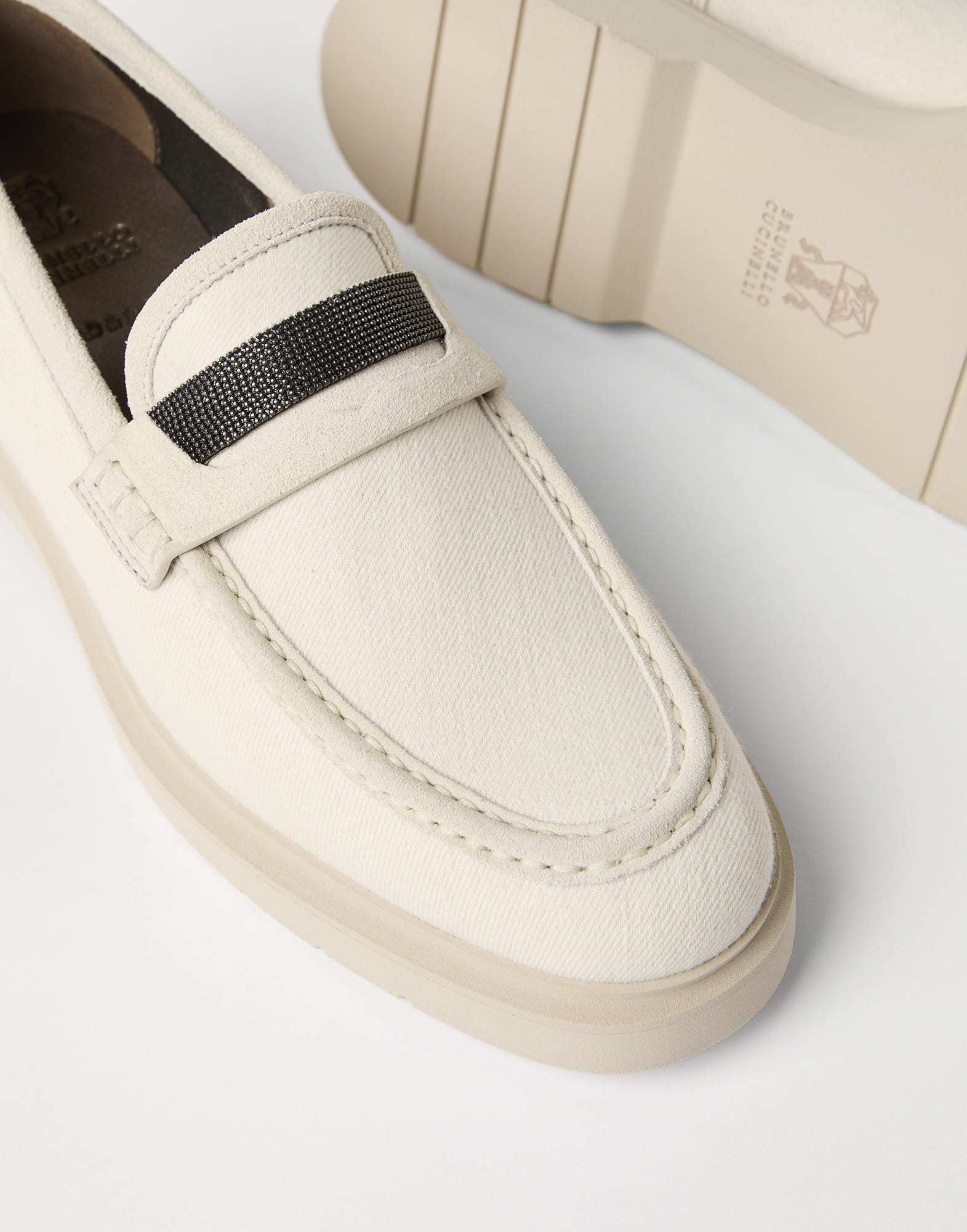 Brunello Cucinelli Beaded Strap Loafers Block Sole In White
