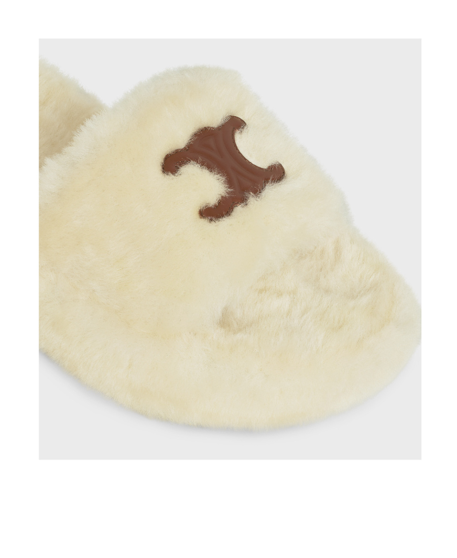 Celine Triomphe Wool Sheepskin Slippers In Nude