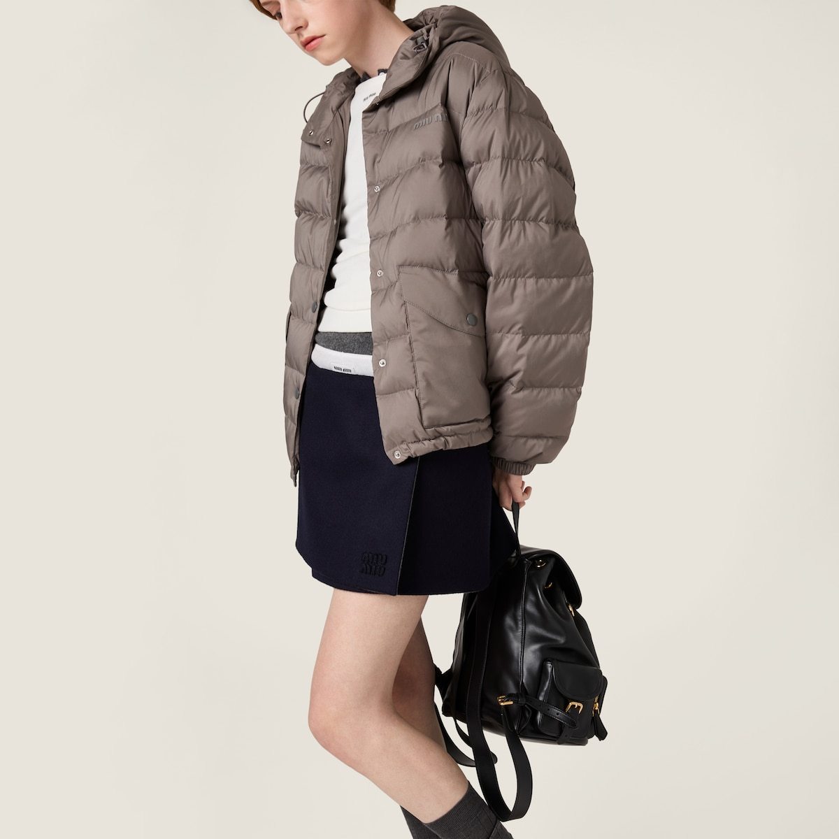 Miu Miu Technical Pongé Down Jacket In Gray