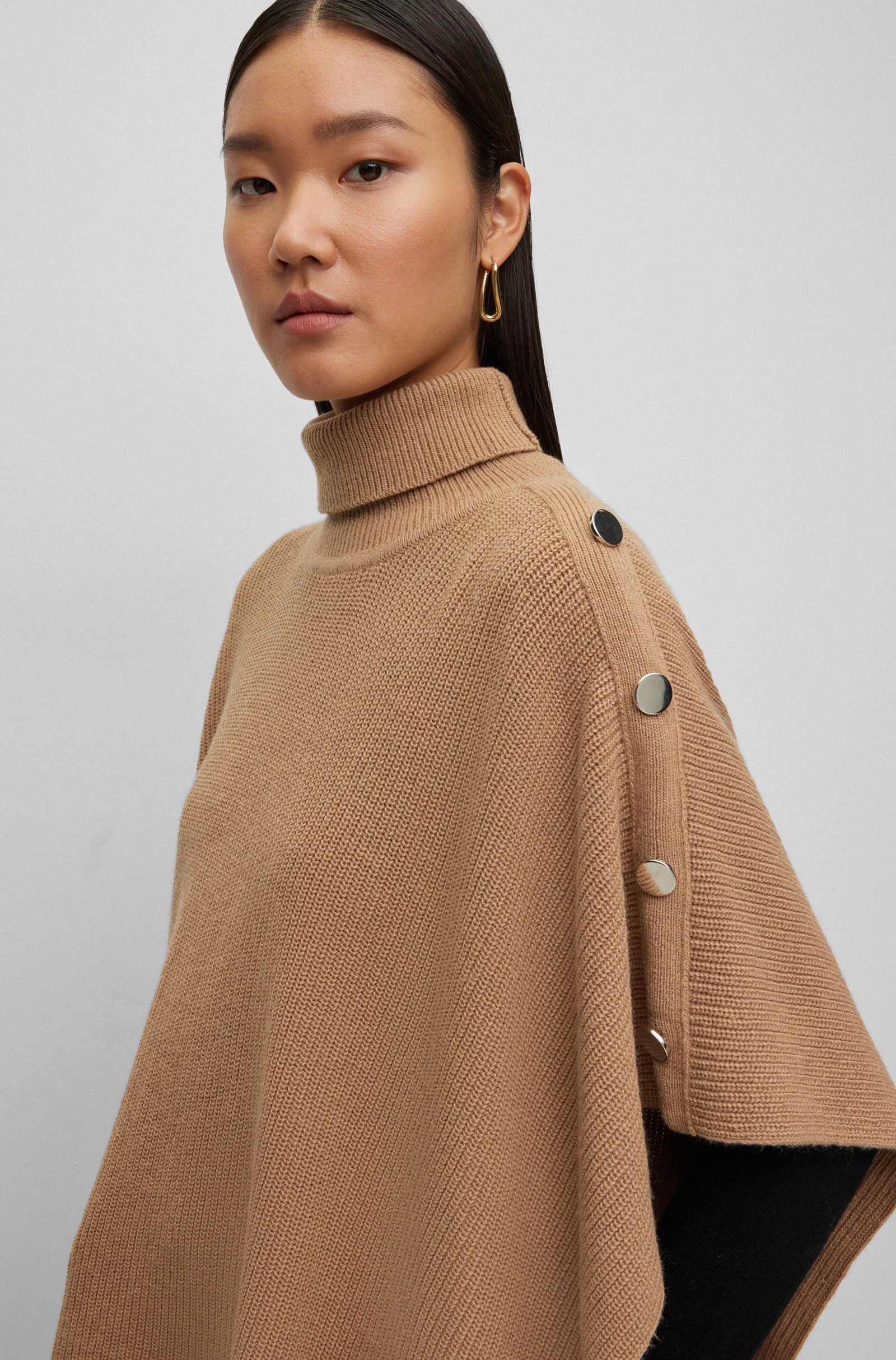 Hugo Boss Button Trimmed High Collar Cloak In Brown