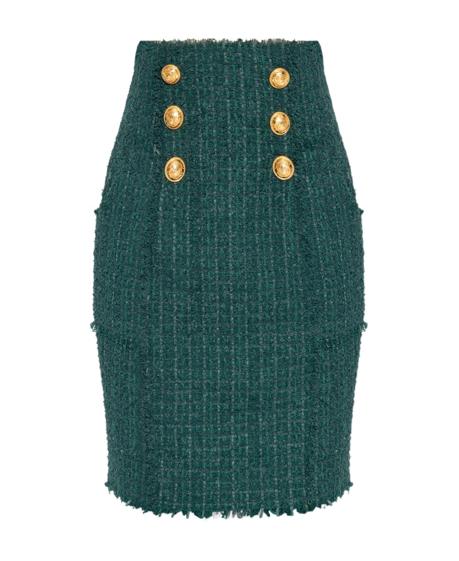 Balmain Tweed Double-breasted Pencil Skirt In Green