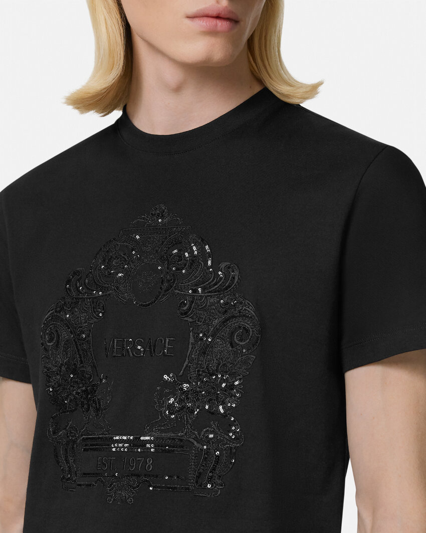 Versace Cartouche-embellished Cotton T-shirt In Black