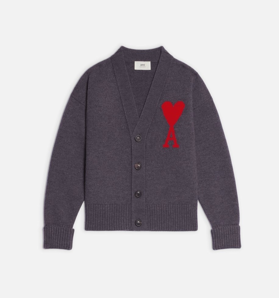 Ami Alexandre Mattiussi Heather Grey Wool Cardigan With Embroidered Logo In Gray