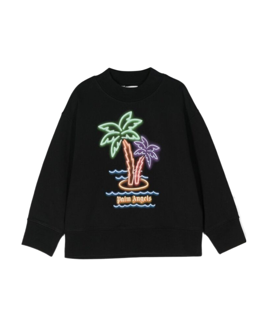 Palm Angels Kids Neon Palms Tree Printed Fleece Sweatshirt In Black