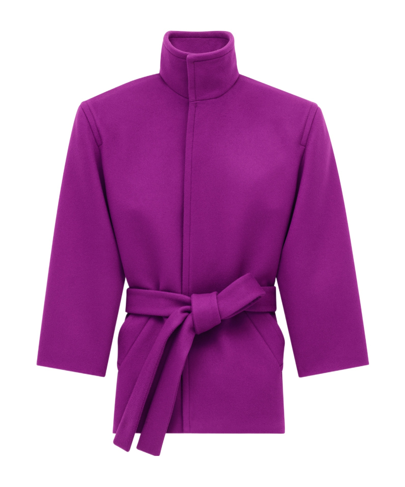 Saint Laurent Wool Coat With Belted Waist And High Collar In Purple