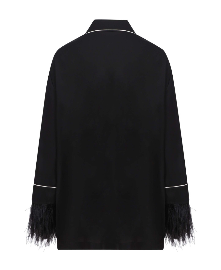 Valentino Graphic-print Feather-trim Silk Shirt In Black