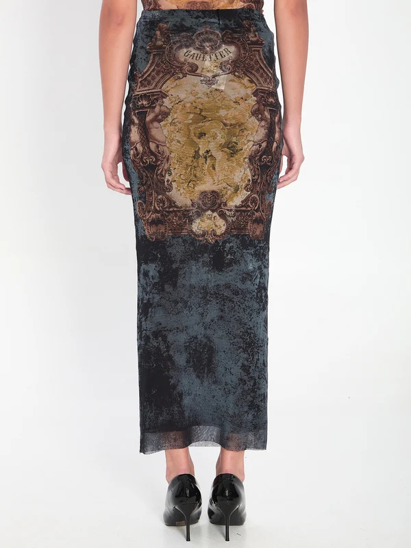 Jean Paul Gaultier Graphic Print Fitted Tulle Skirt In Black