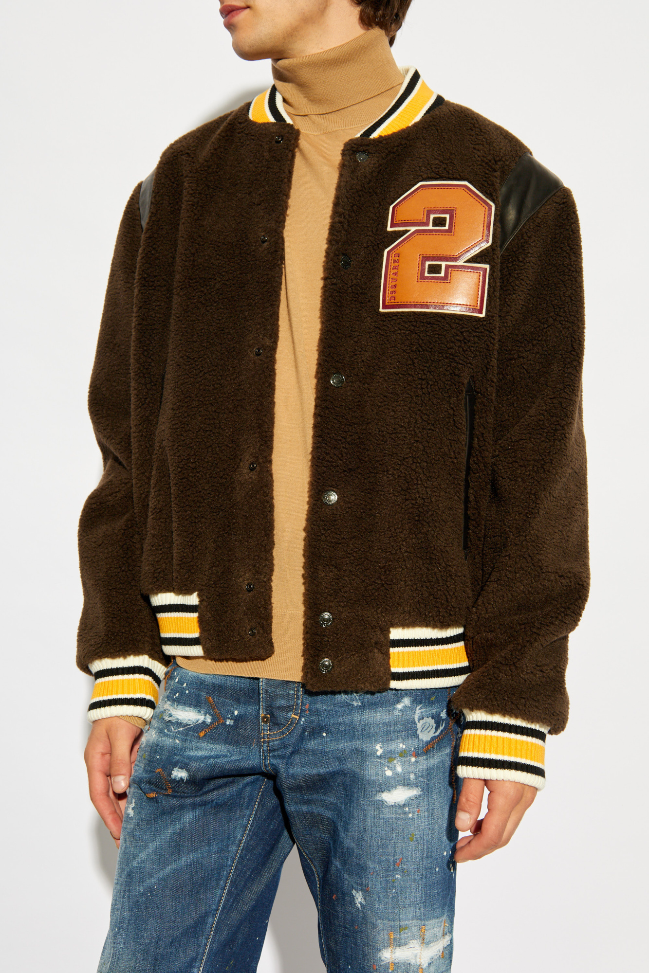Dsquared2 Bear's Varsity Shearling Bomber Jacket In Brown