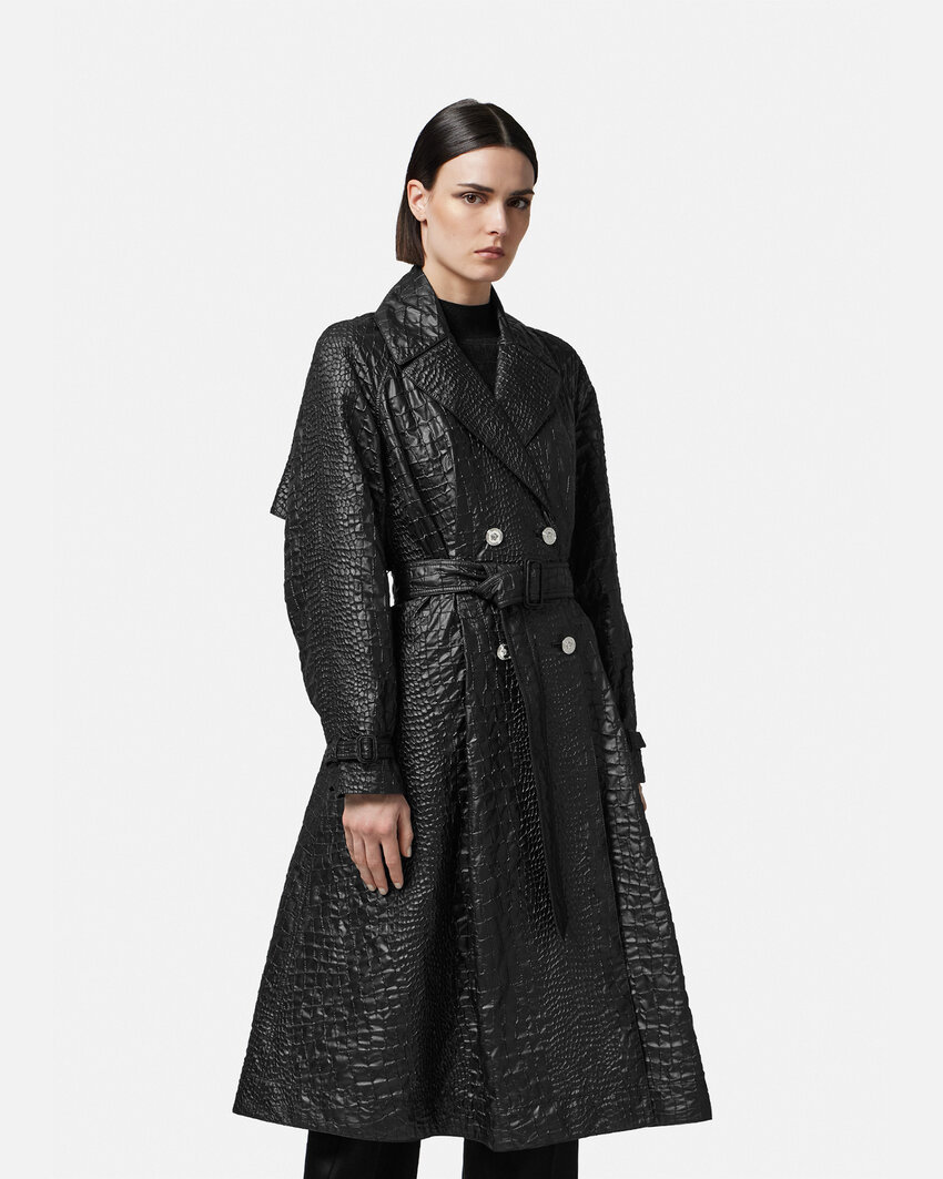 Versace Belted Techno Lacquered Crocodile-coquet Trench Coat In Black