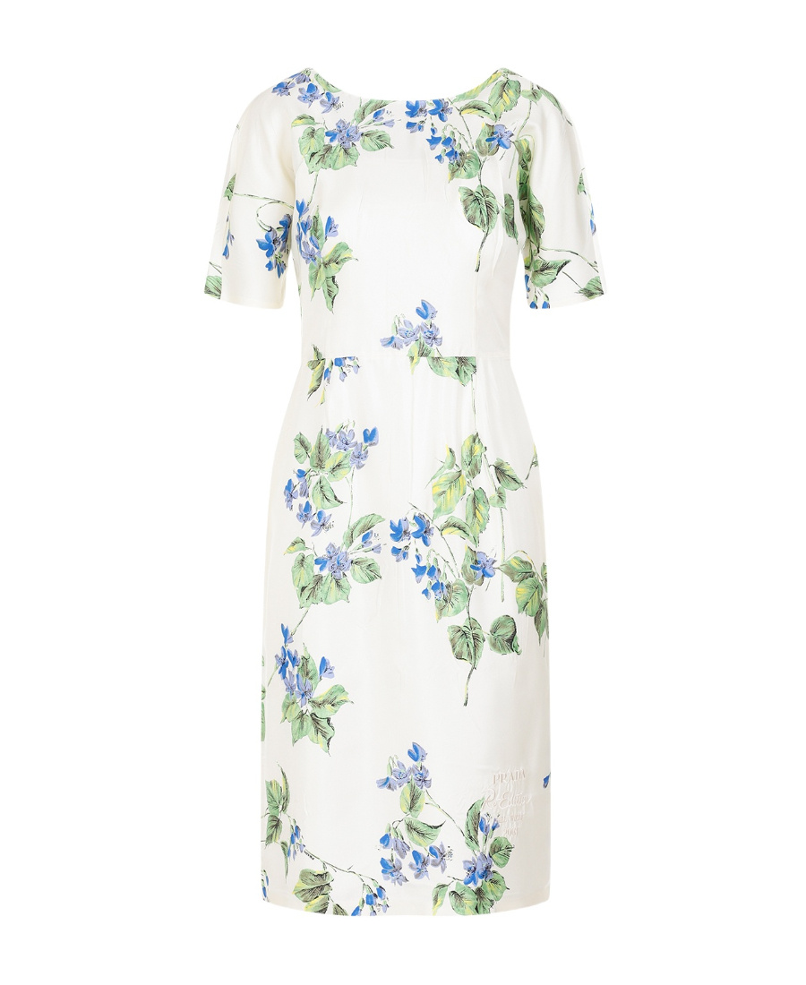 Prada Floral-print Twill Dress In White