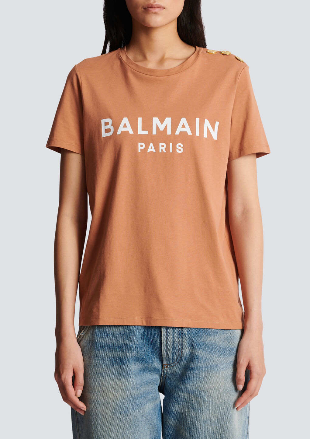 Shop Balmain Buttoned Printed Logo T-shirt In Nude