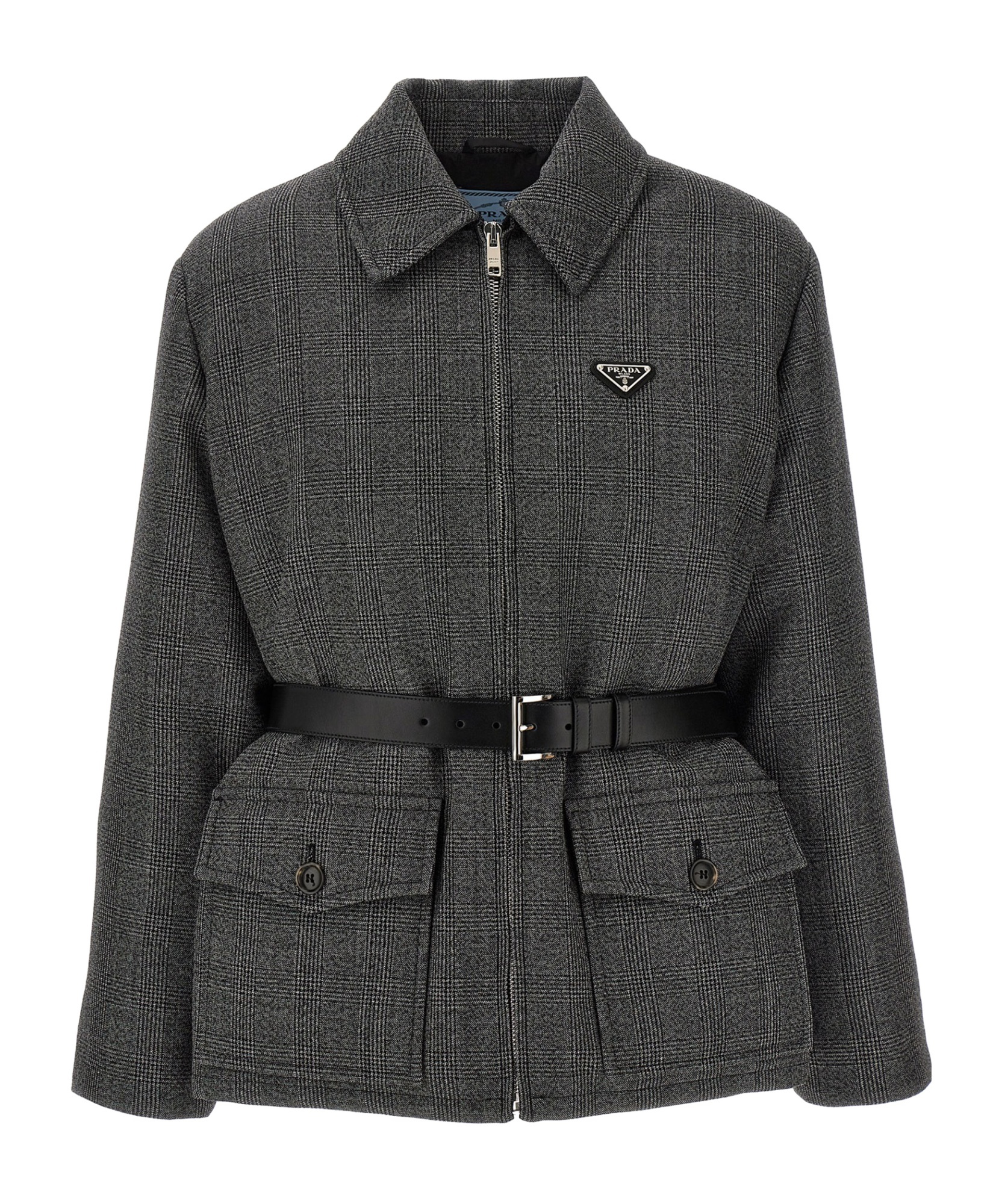 Prada Belted Check-print Jacket In Gray