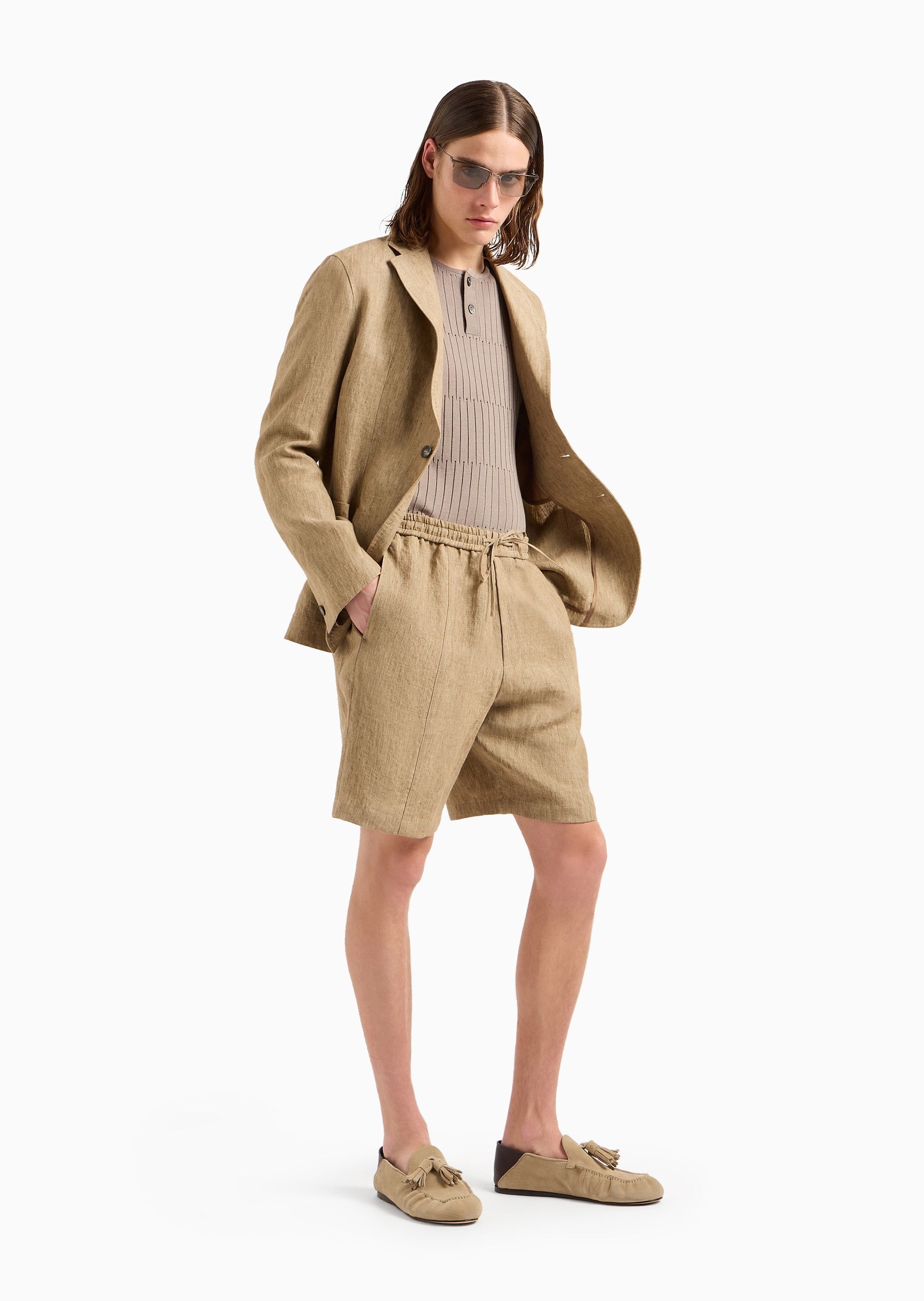 Emporio Armani Drawstring-waist Linen Shorts In Beige
