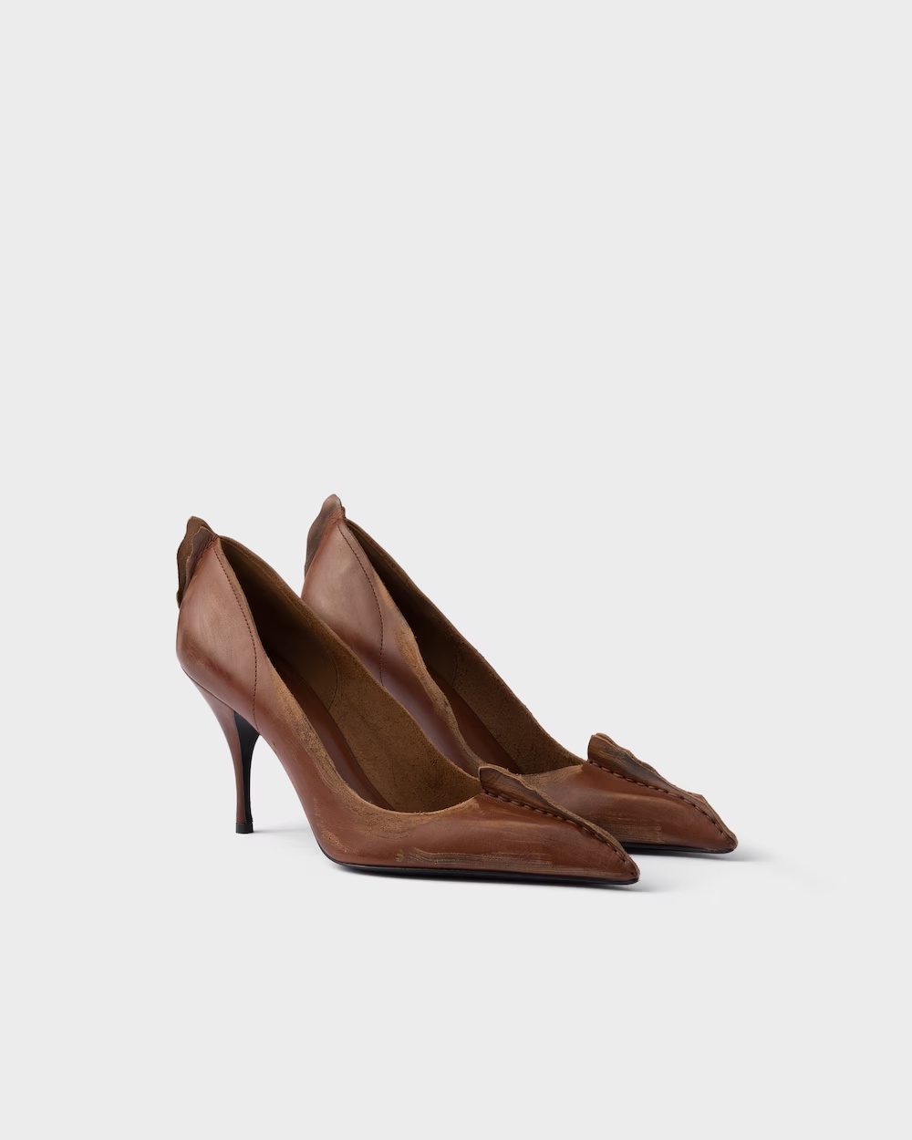 Prada 85mm Antiqued Leather Pumps In Brown