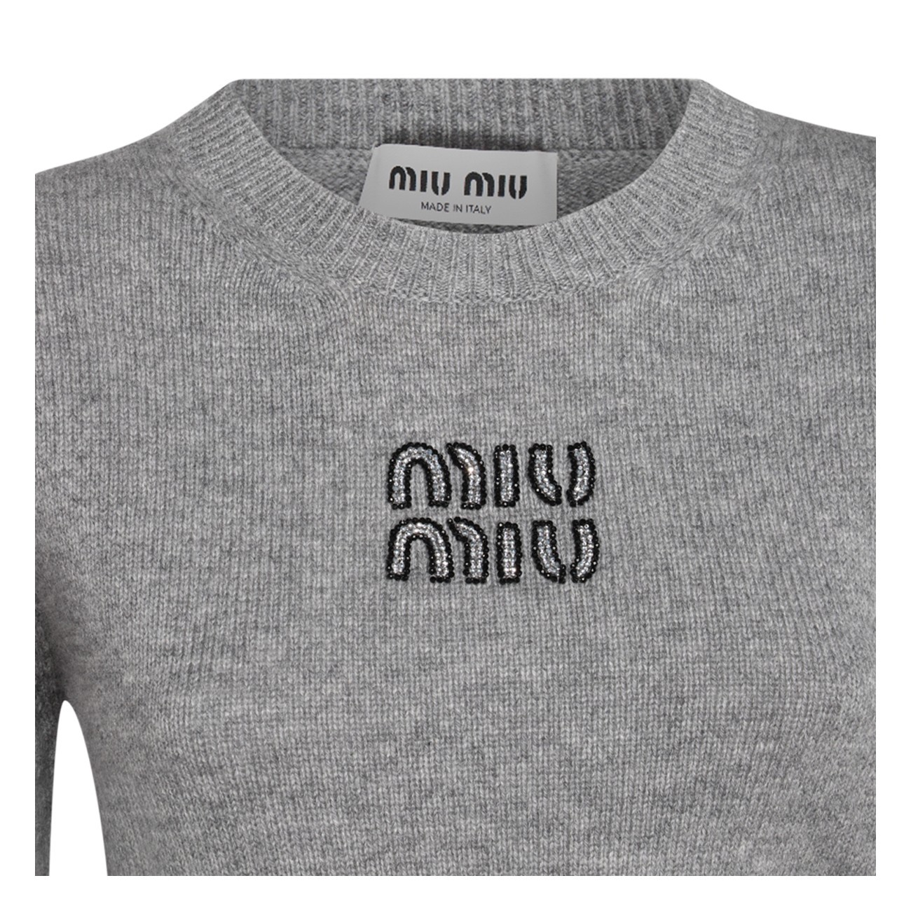Miu Miu Embroidered-logo Knitted Jumper In Gray