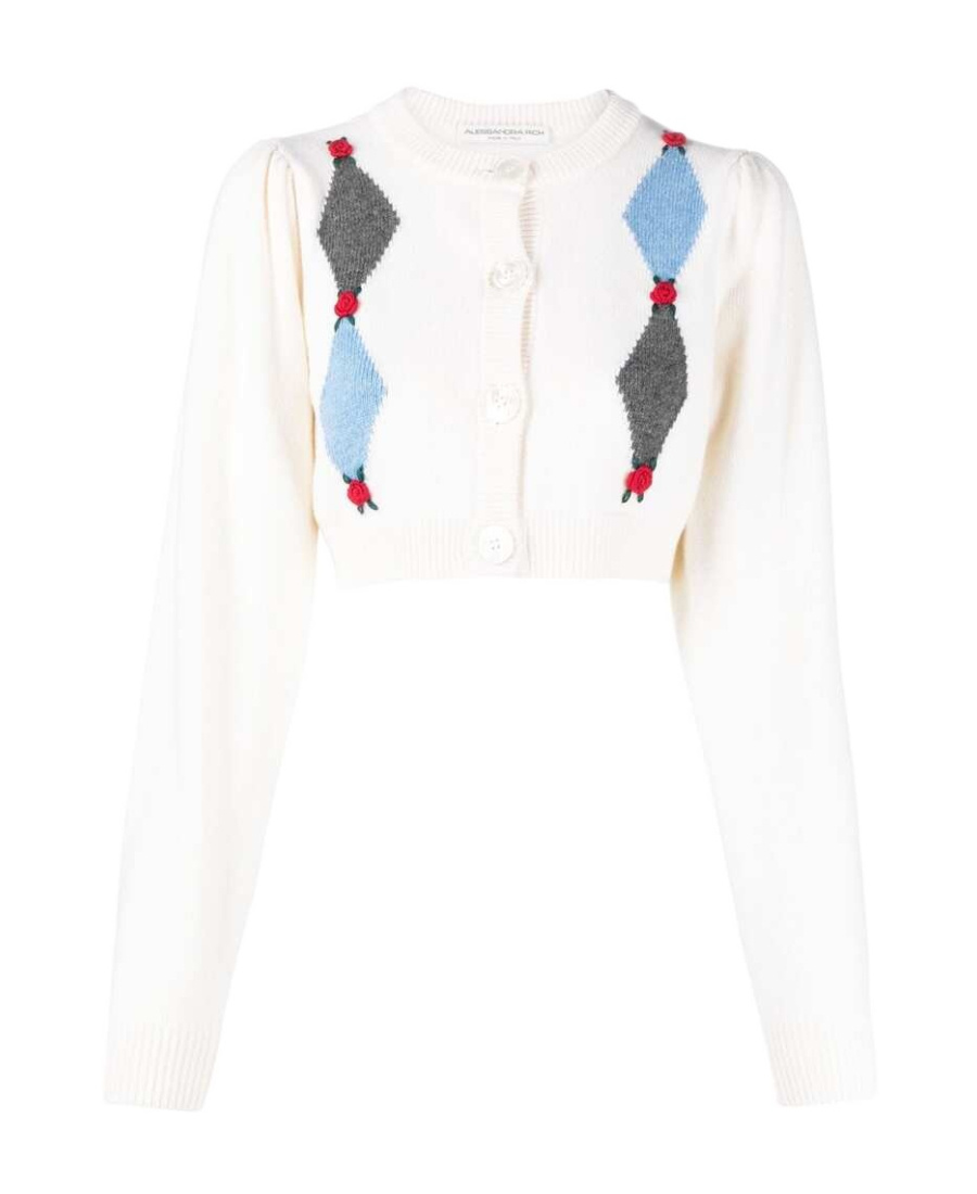 Alessandra Rich Argyle-intarsia-knit Cropped Wool Cardigan In White