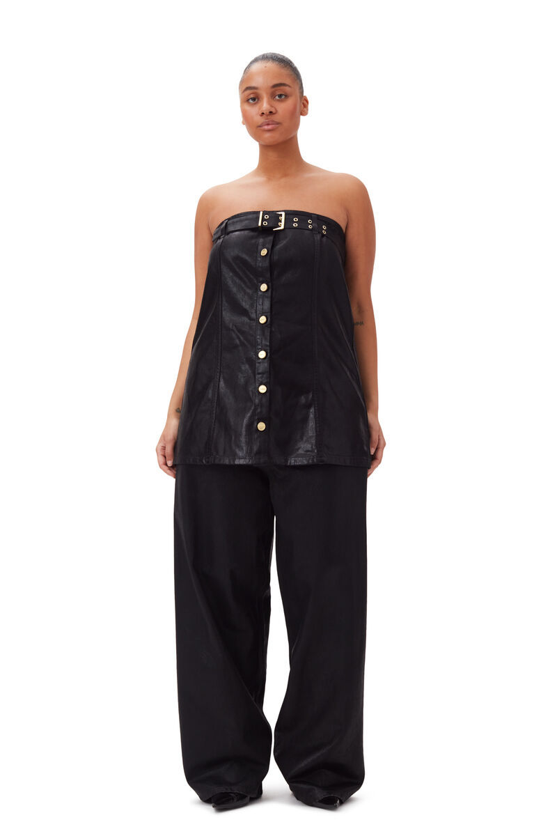 Shop Ganni Black Foil Denim Corsage