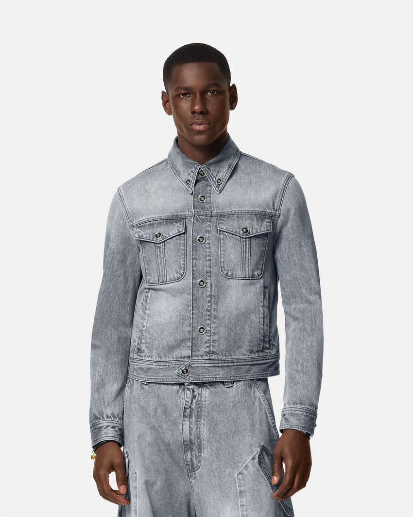 Versace Denim Blazer Flap Pockets In Gray