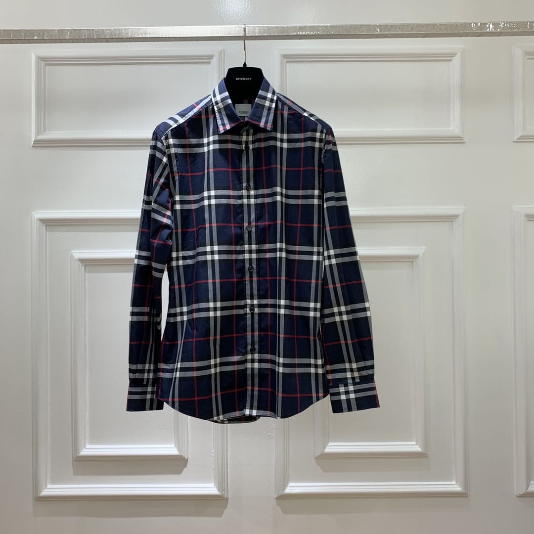 Burberry Embroidered Detail Check Cotton Shirt In Navy