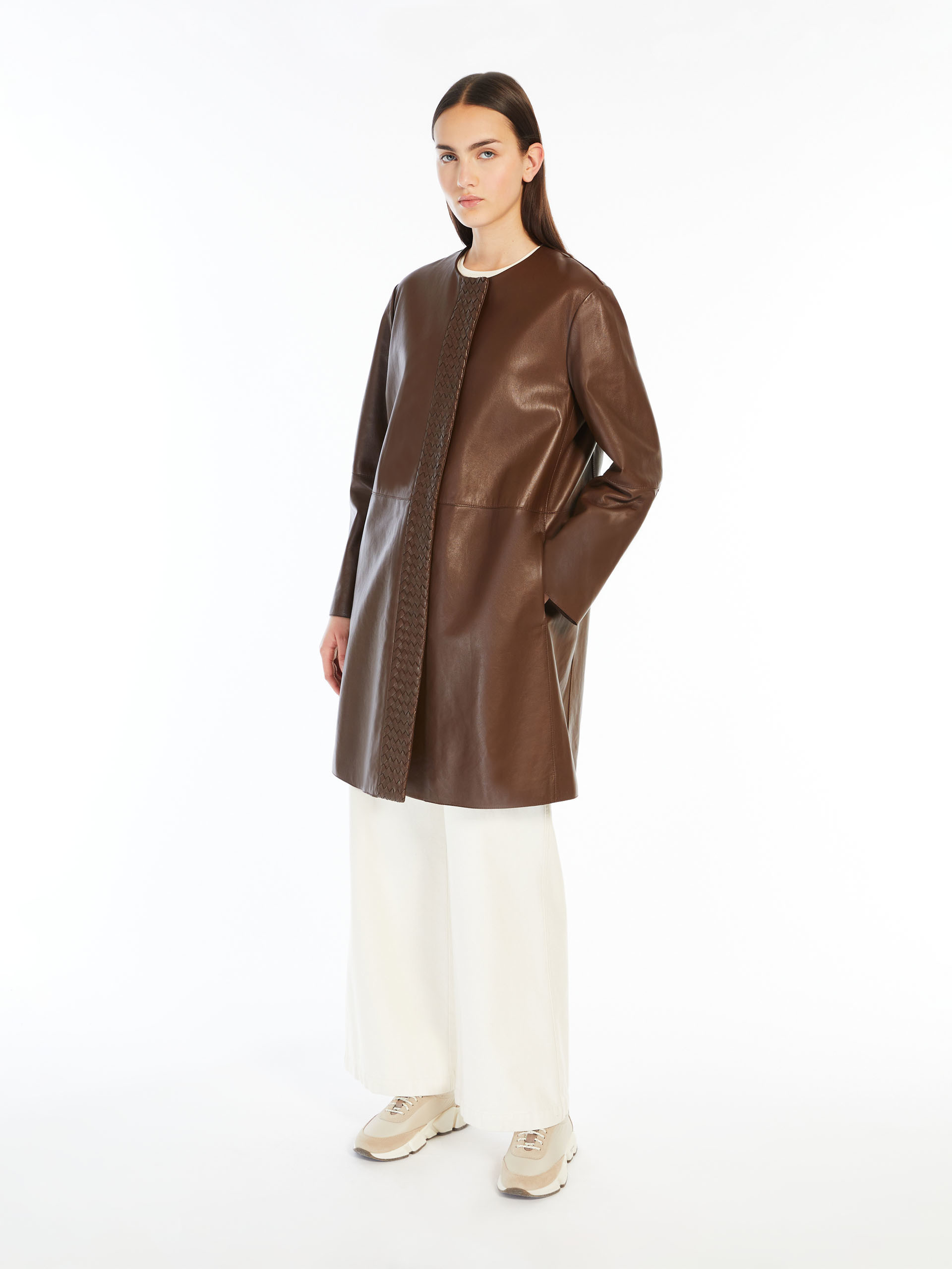 Weekend Max Mara Long-sleeved Leather Jacket In Brown