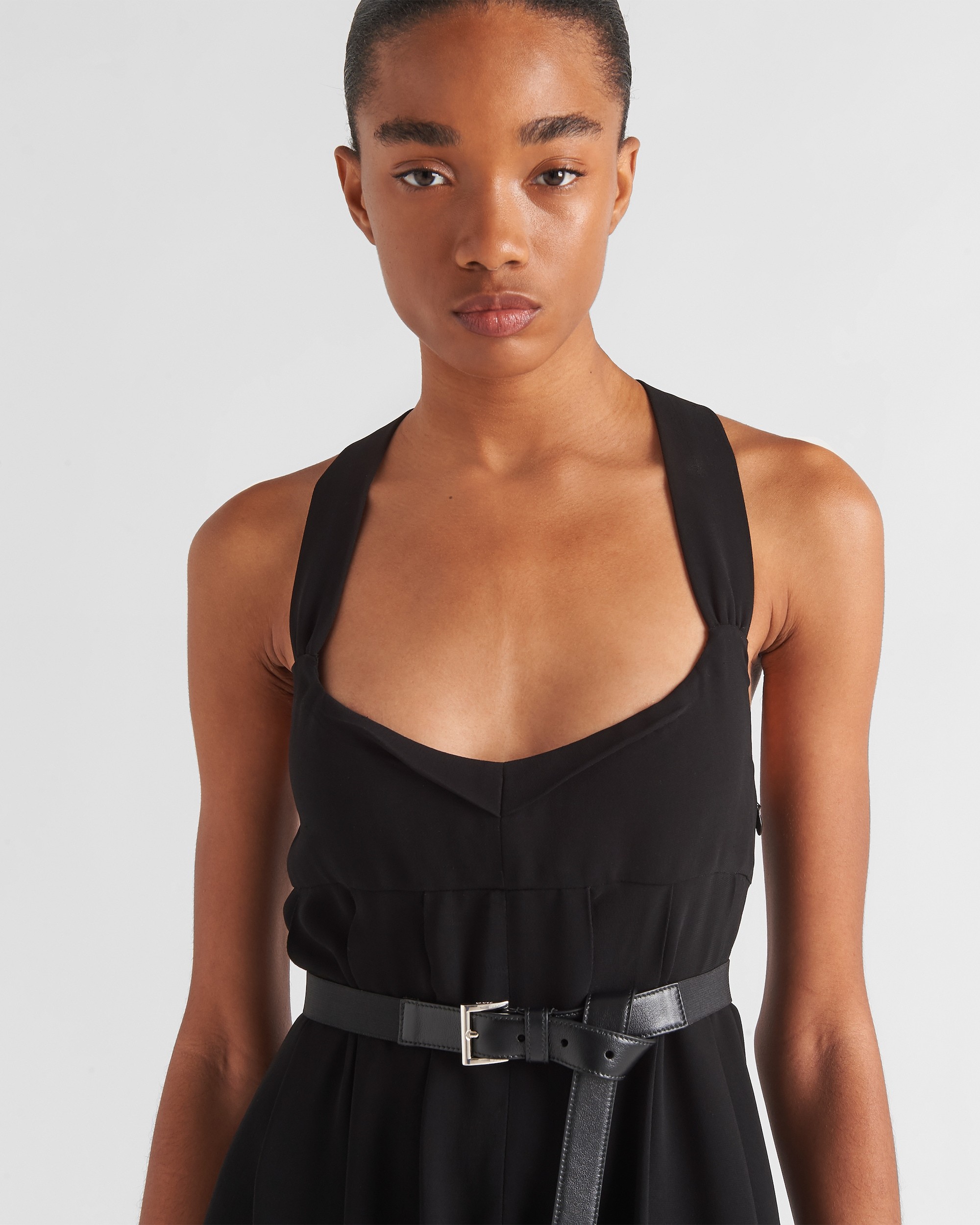 Prada Leather Belted Wide-leg Crepe Jumpsuit In Black