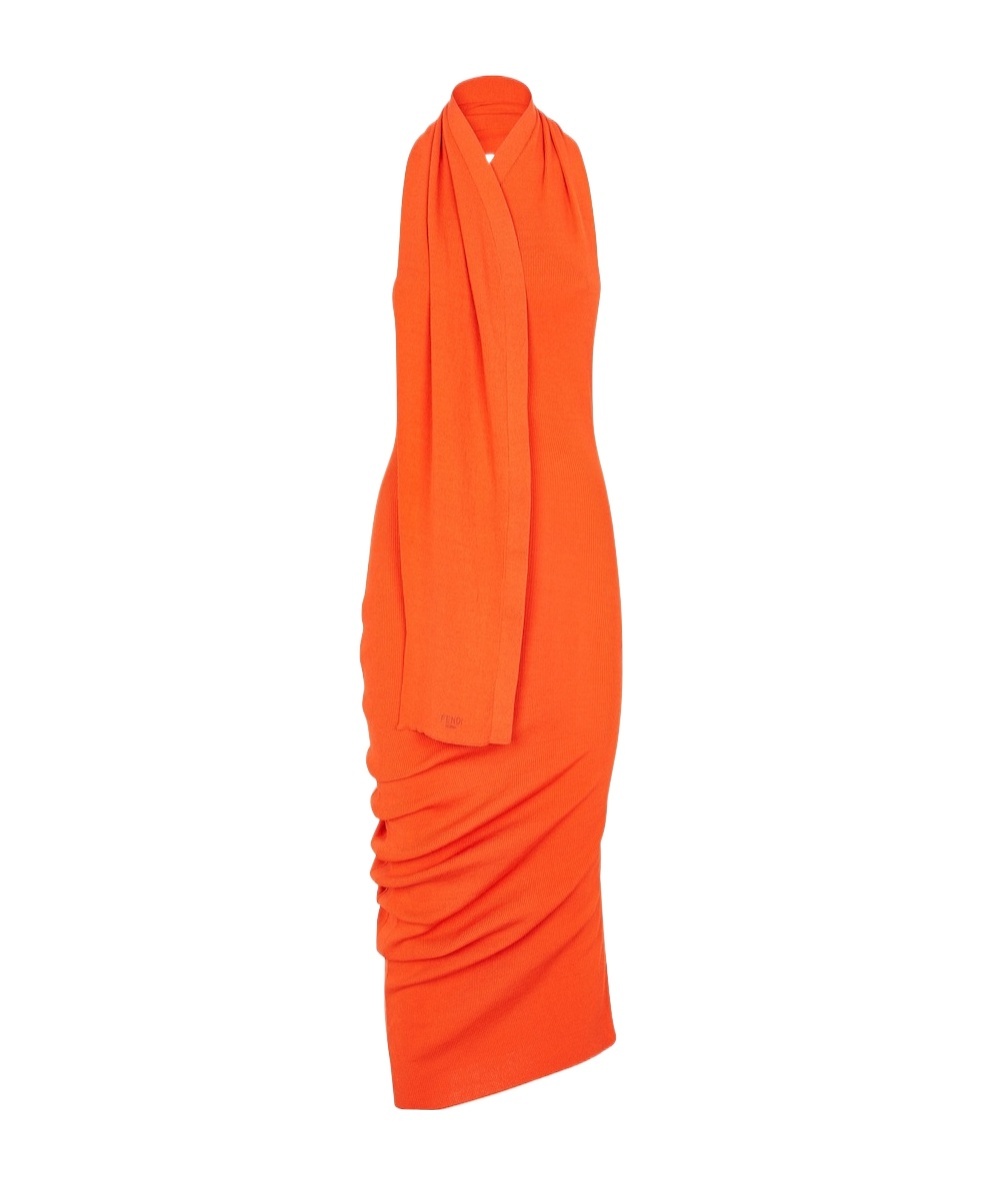 Fendi Halterneck Asymmetric Midi Dress In Orange
