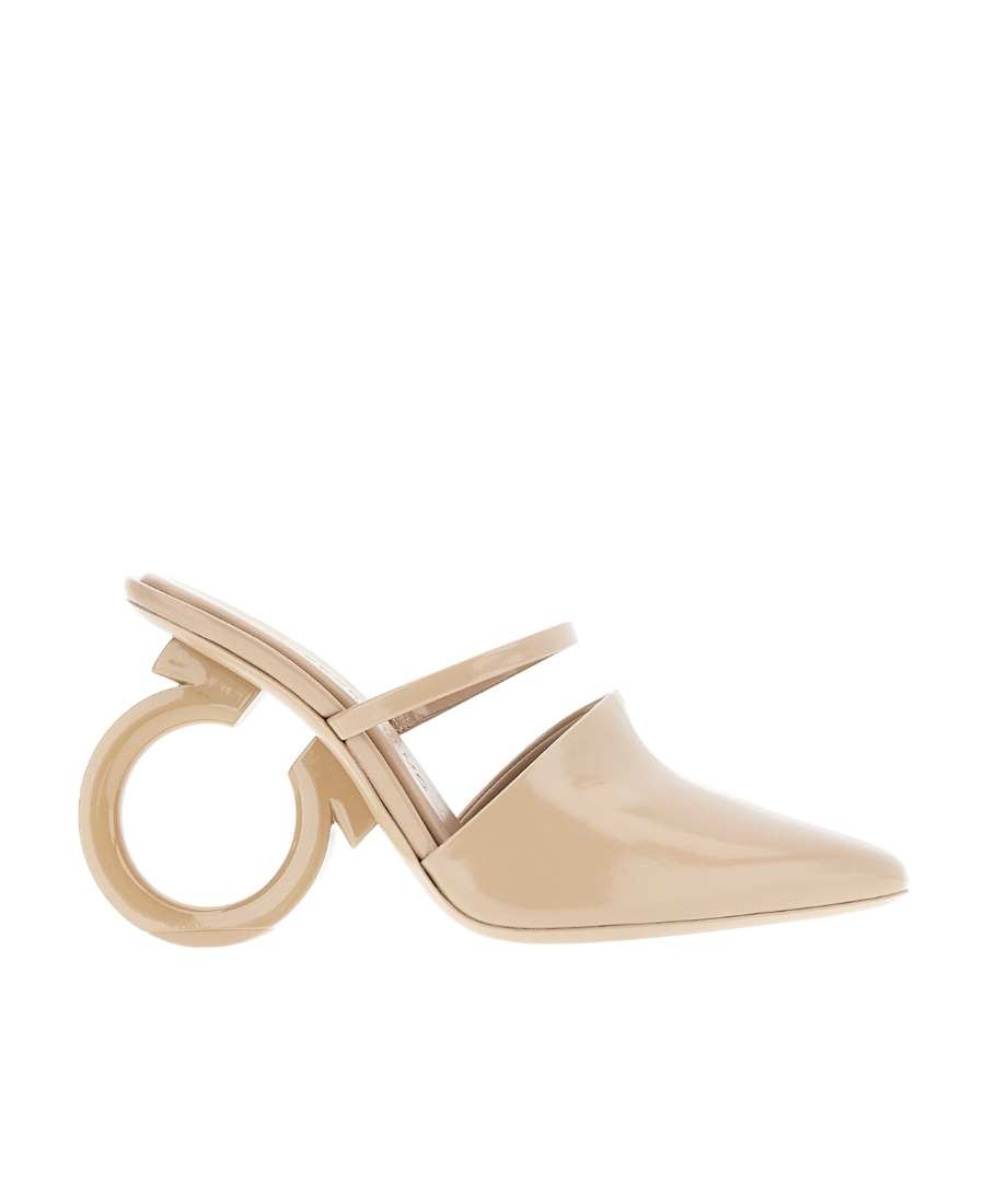 Ferragamo Leather Elina Mules Peculiar Heel In Nude