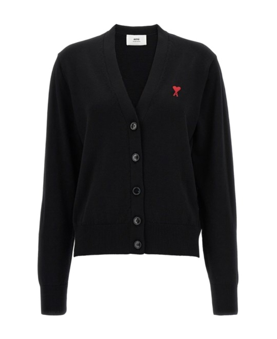Ami Alexandre Mattiussi Ami V-neck Button-down Cardigan With Subtle Red Emblem In Black